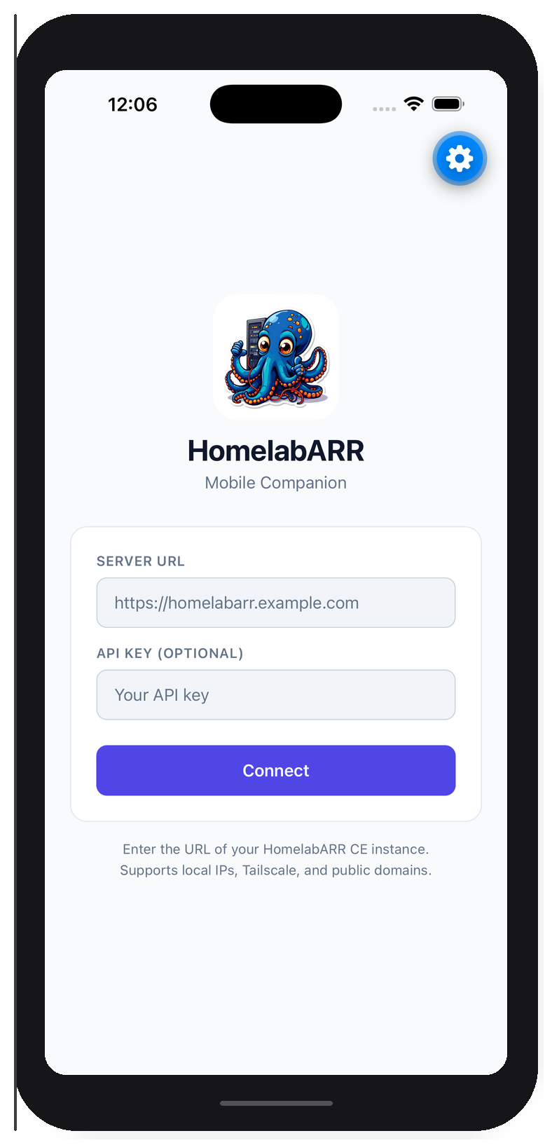 HomelabARR Mobile — setup screen showing octopus logo, server URL and API key fields