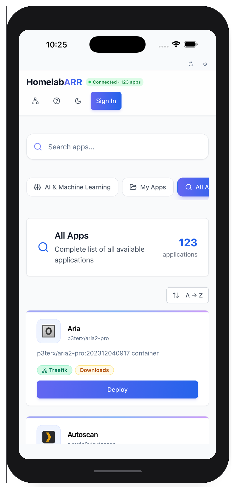 HomelabARR Mobile — connected to CE server showing 100+ apps, category tabs, and Deploy buttons